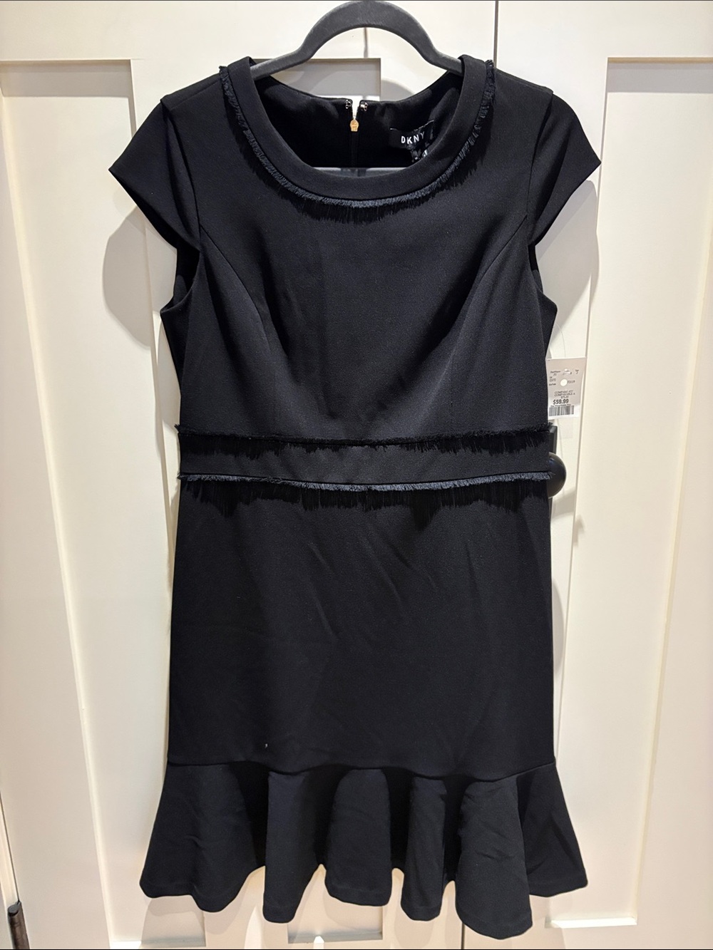 DKNY Black Fringe-Trim Ruffle Hem Dress